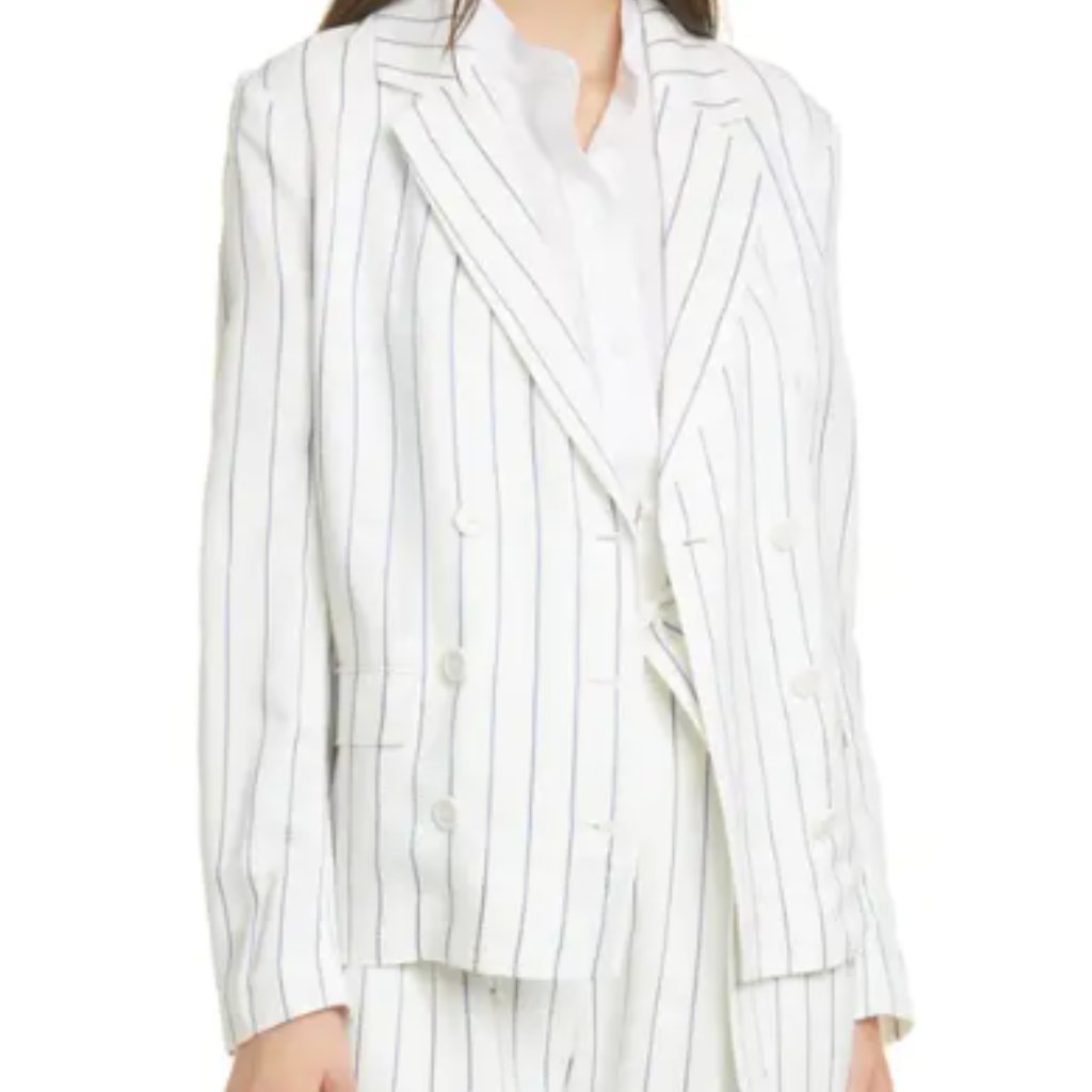 Equipment Gael Double Breasted Stripe Print Blazer White With Blue Strips